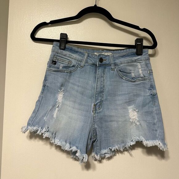 High Waist Stretch Denim Short Light Wash Raw Hem - Picture 1 of 5